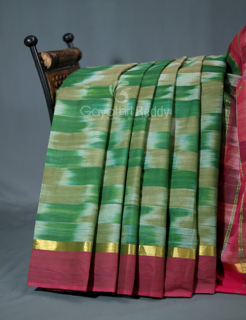 Dual Shades of Mango Green And Mustard Mangalagiri Ikkat Cotton Saree By Gayathri Reddy Designer Studio | Swadesiicart