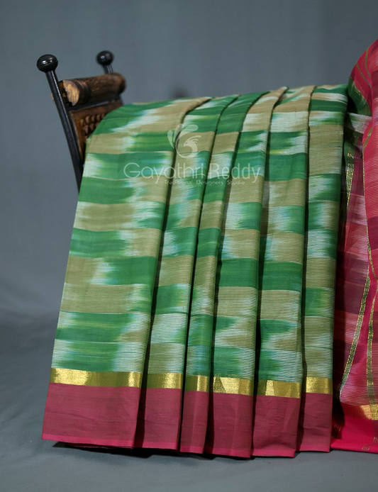 Dual Shades of Mango Green And Mustard Mangalagiri Ikkat Cotton Saree By Gayathri Reddy Designer Studio | Swadesiicart