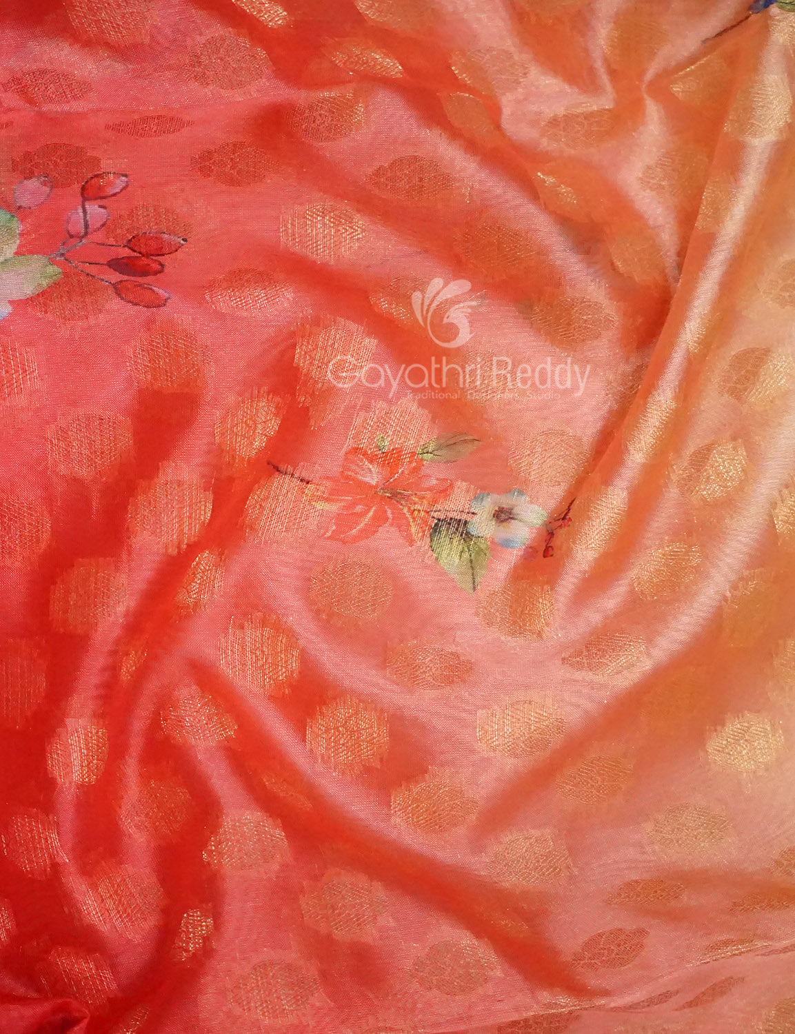 Shades of Red Colour Floral Design Banaras Semi Silk Saree By Gayathri Reddy Designer Studio | Swadesiicart