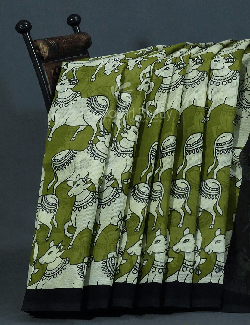 Shades of Mehndi Green And Black With Pichwai Print Munga Cotton Saree By Gayathri Reddy Designer Studio | Swadesiicart