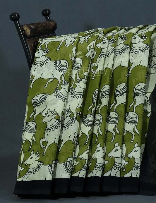Shades of Mehndi Green And Black With Pichwai Print Munga Cotton Saree By Gayathri Reddy Designer Studio | Swadesiicart