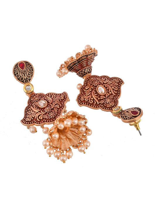 Shoshaa Maroon & Gold-Toned Contemporary Jhumkas Earrings - Swadesiicart