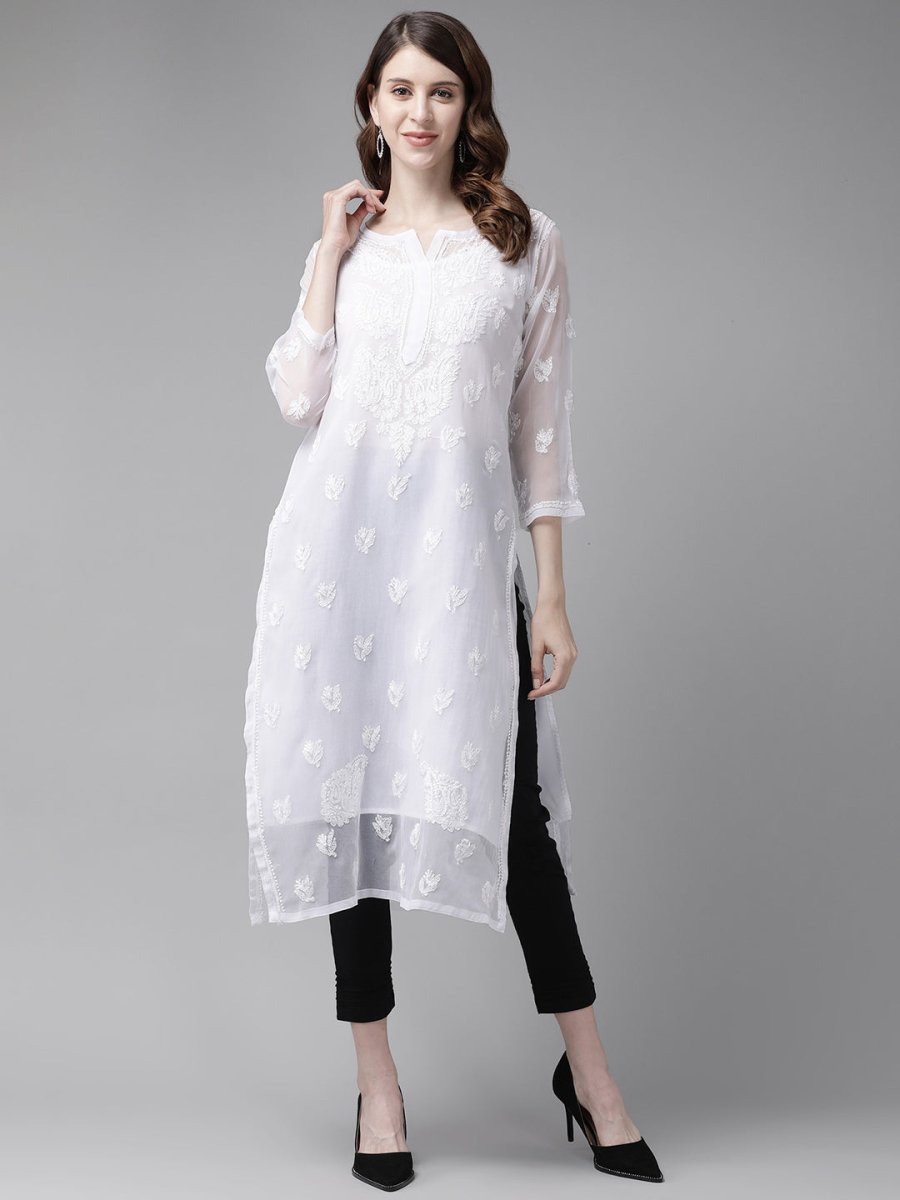 ADA Women White & Black Chikankari Embroidered Handloom Kurta & Slip with Churidar | Swadesiicart