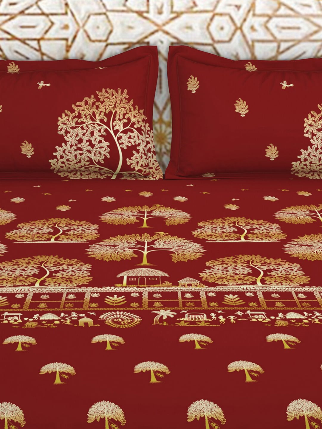 SPACES Red & Yellow Ethnic Motifs Cotton 210 TC King Bedsheet With 2 Pillow Covers - Swadesiicart