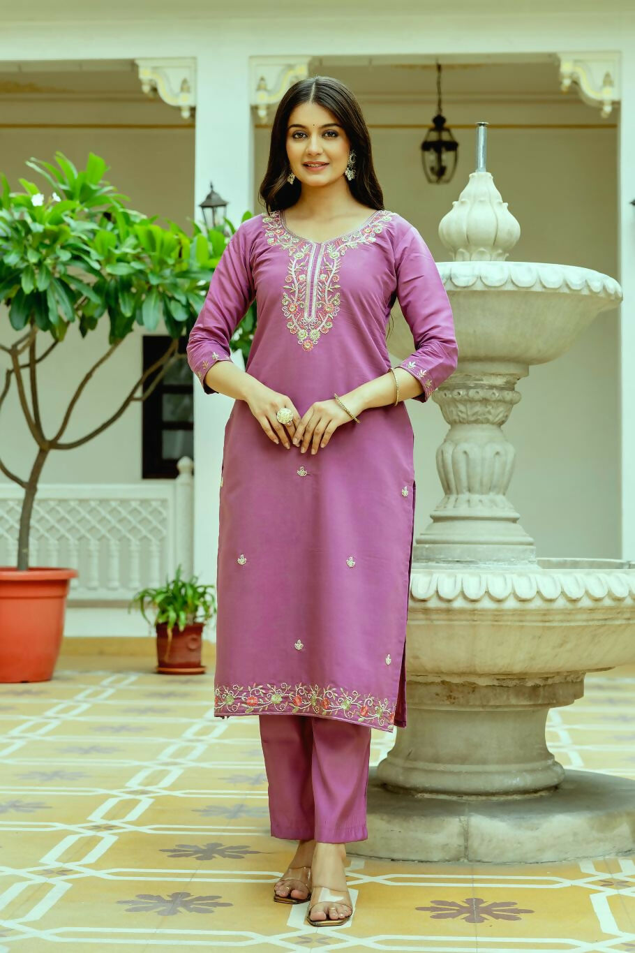 The52 Purple Women's Beautiful Embroidered Viscose Chanderi Silk Fabric with Straight Kurta, Pant and Dupatta Set - Swadesiicart