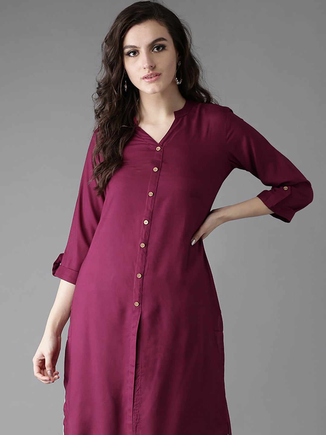 HERE&NOW Women Burgundy Solid Straight Kurta - Swadesiicart