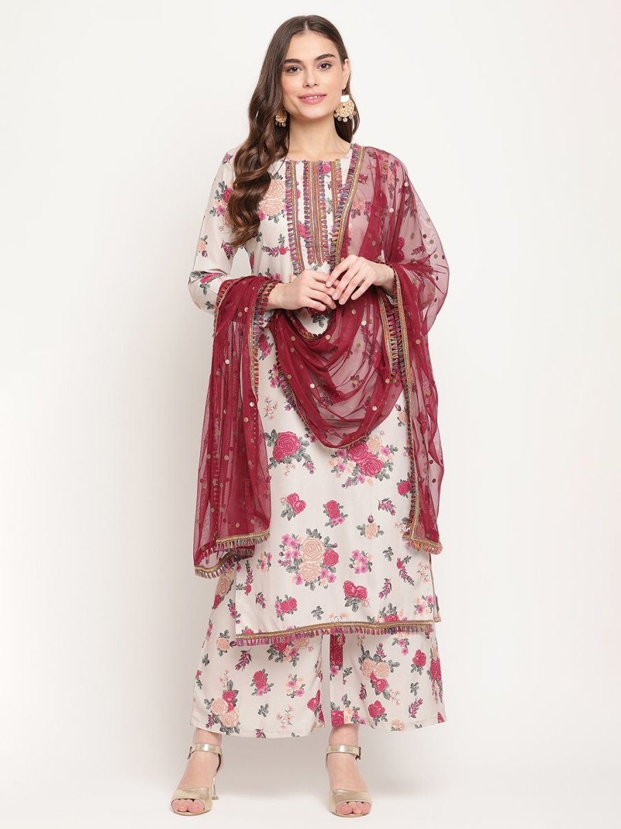 Ahalyaa Women Beige Floral Printed Regular Gotta Patti Kurta with Palazzos & With Dupatta | Swadesiicart