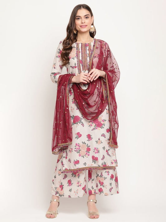Ahalyaa Women Beige Floral Printed Regular Gotta Patti Kurta with Palazzos & With Dupatta | Swadesiicart