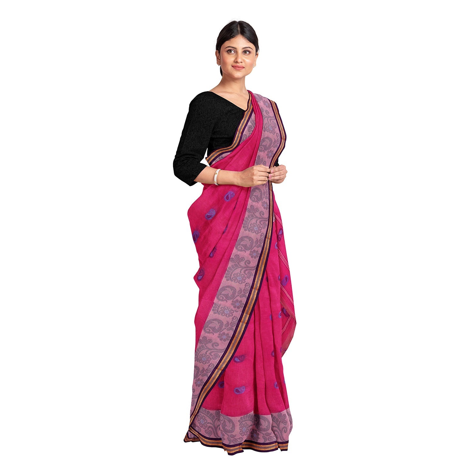 Exclusive Collection 100% Pure Cotton Pink Tant Saree With Hand Weaving Work - Swadesiicart