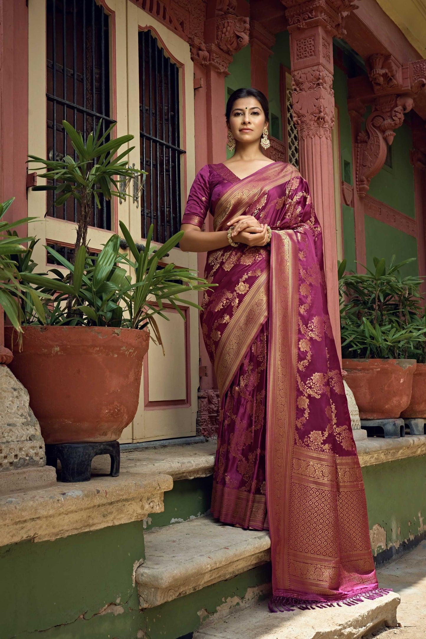 Vardha Mulberry Violet Golden Zari Banarasi Satin Silk Saree | Swadesiicart