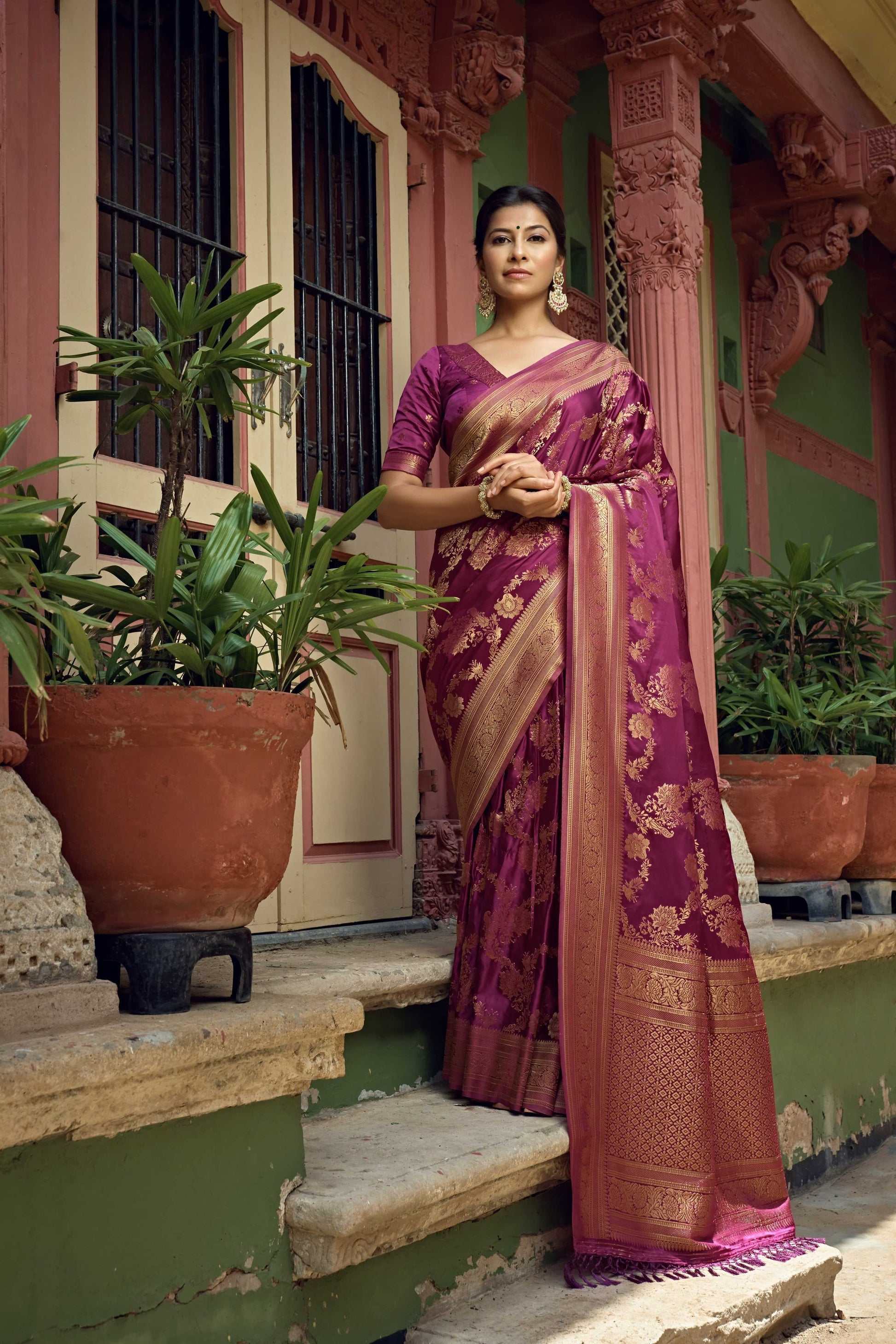 Vardha Mulberry Violet Golden Zari Banarasi Satin Silk Saree | Swadesiicart