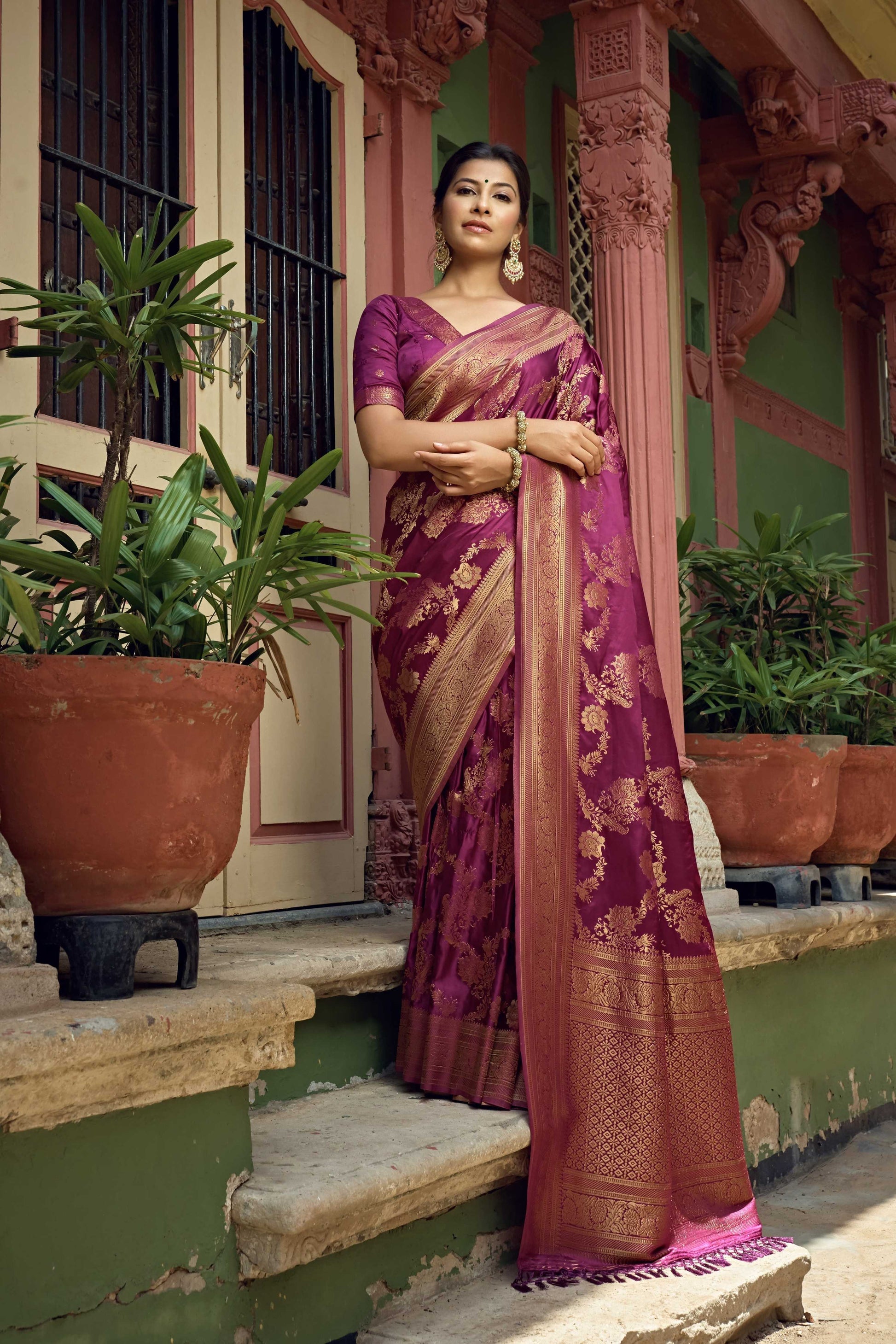 Vardha Mulberry Violet Golden Zari Banarasi Satin Silk Saree | Swadesiicart