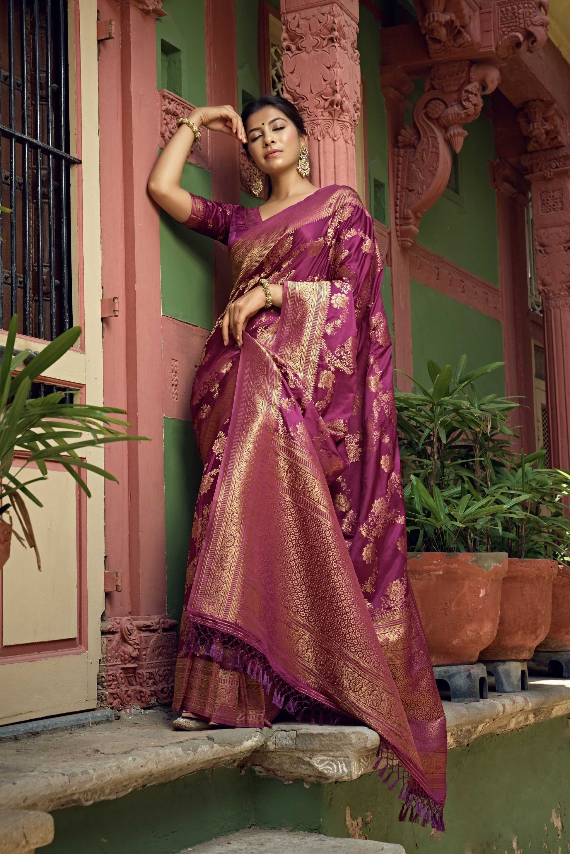Vardha Mulberry Violet Golden Zari Banarasi Satin Silk Saree | Swadesiicart