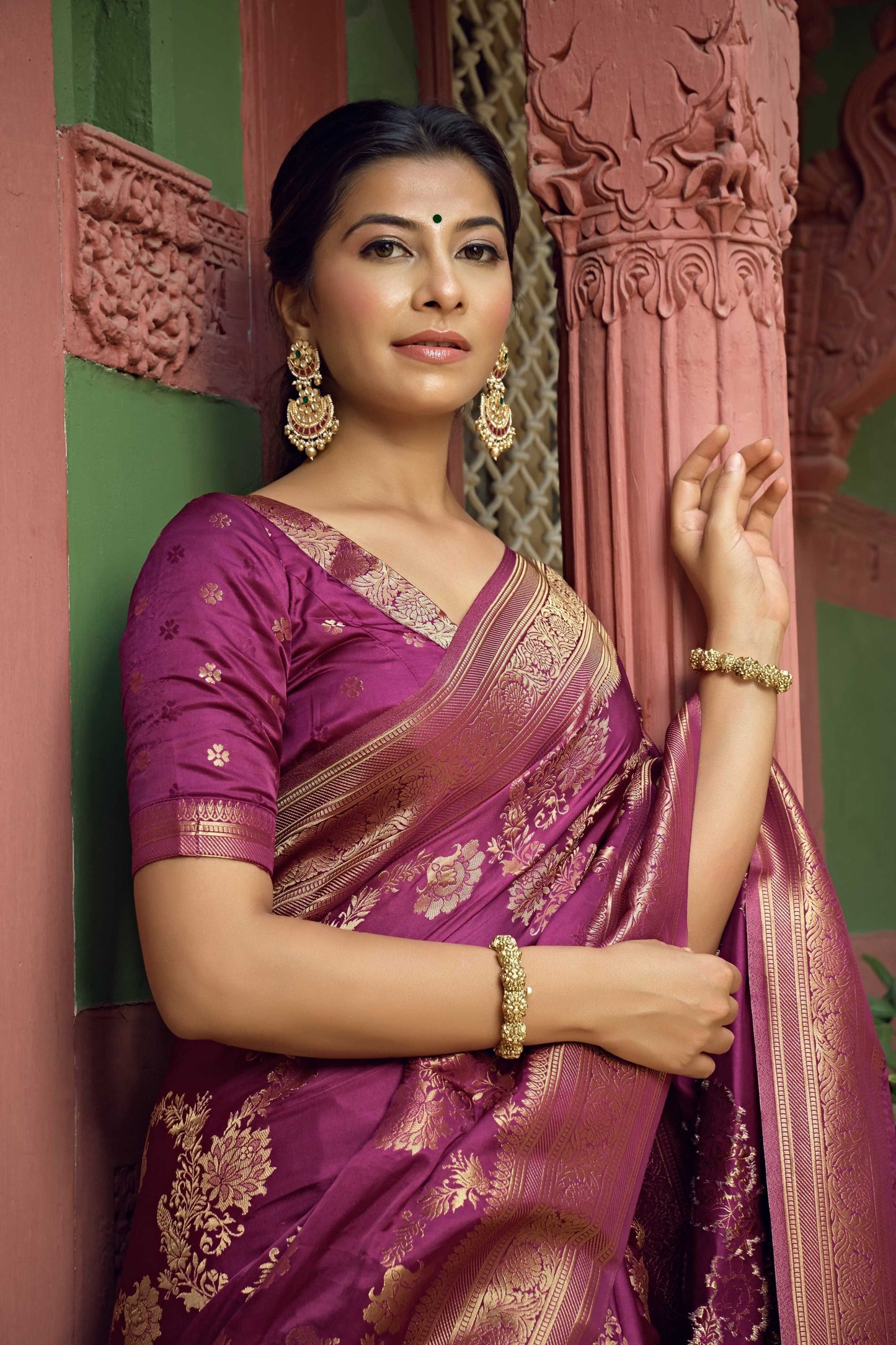 Vardha Mulberry Violet Golden Zari Banarasi Satin Silk Saree | Swadesiicart