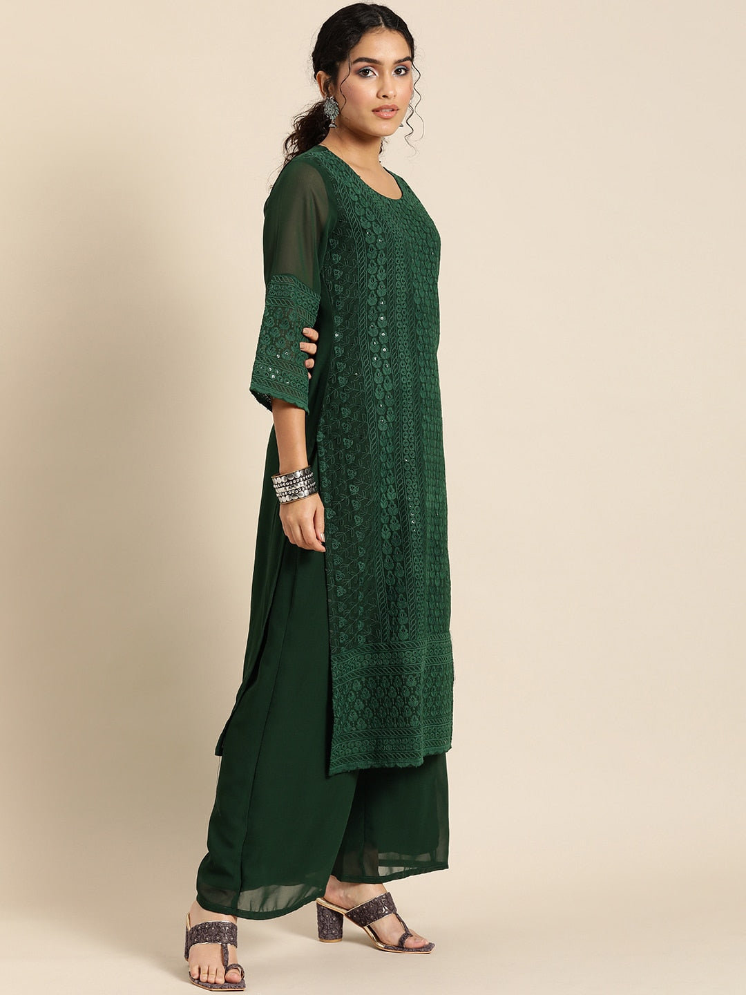 Sangria Women Green Ethnic Motifs Chikankari Kurta with Palazzos | Swadesiicart