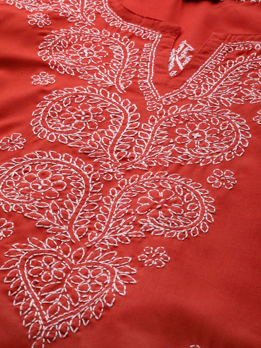 ADA Women Plus Size Red & White Ethnic Motifs Pure Cotton Chikankari Embroidered Kurta | Swadesiicart