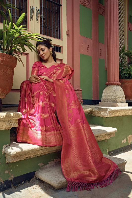 Vardha Bright Pink Golden Zari Banarasi Satin Silk Saree | Swadesiicart