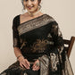 Saree Mall Black Floral Linen Blend Banarasi Saree | Swadesiicart