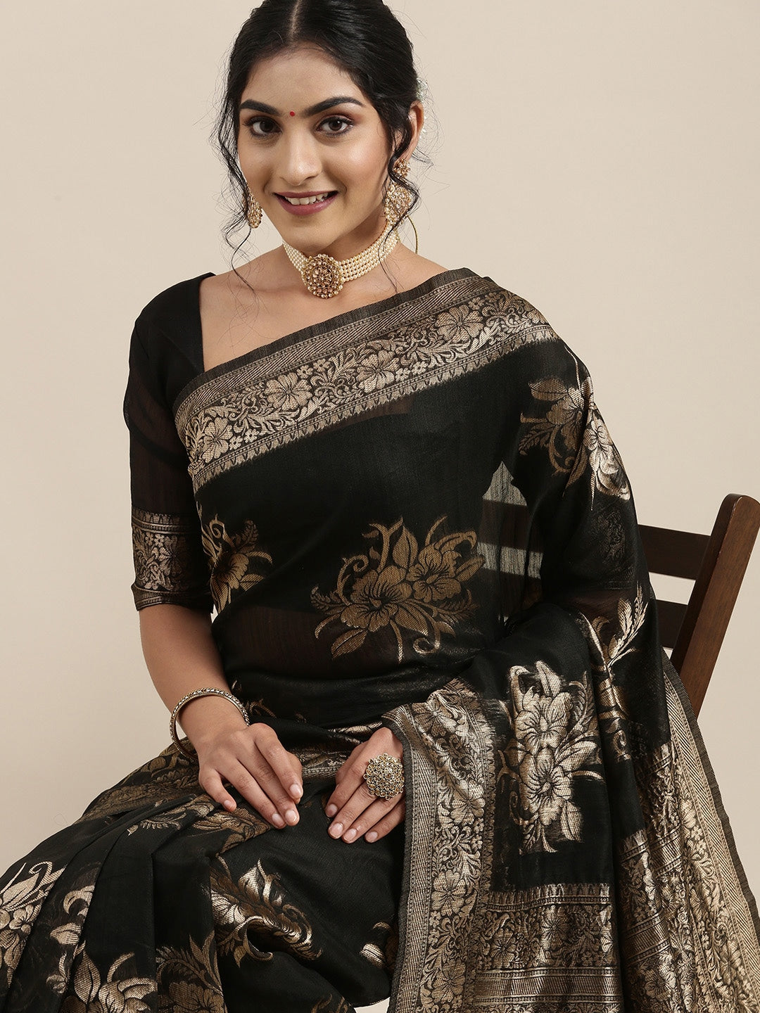 Saree Mall Black Floral Linen Blend Banarasi Saree | Swadesiicart