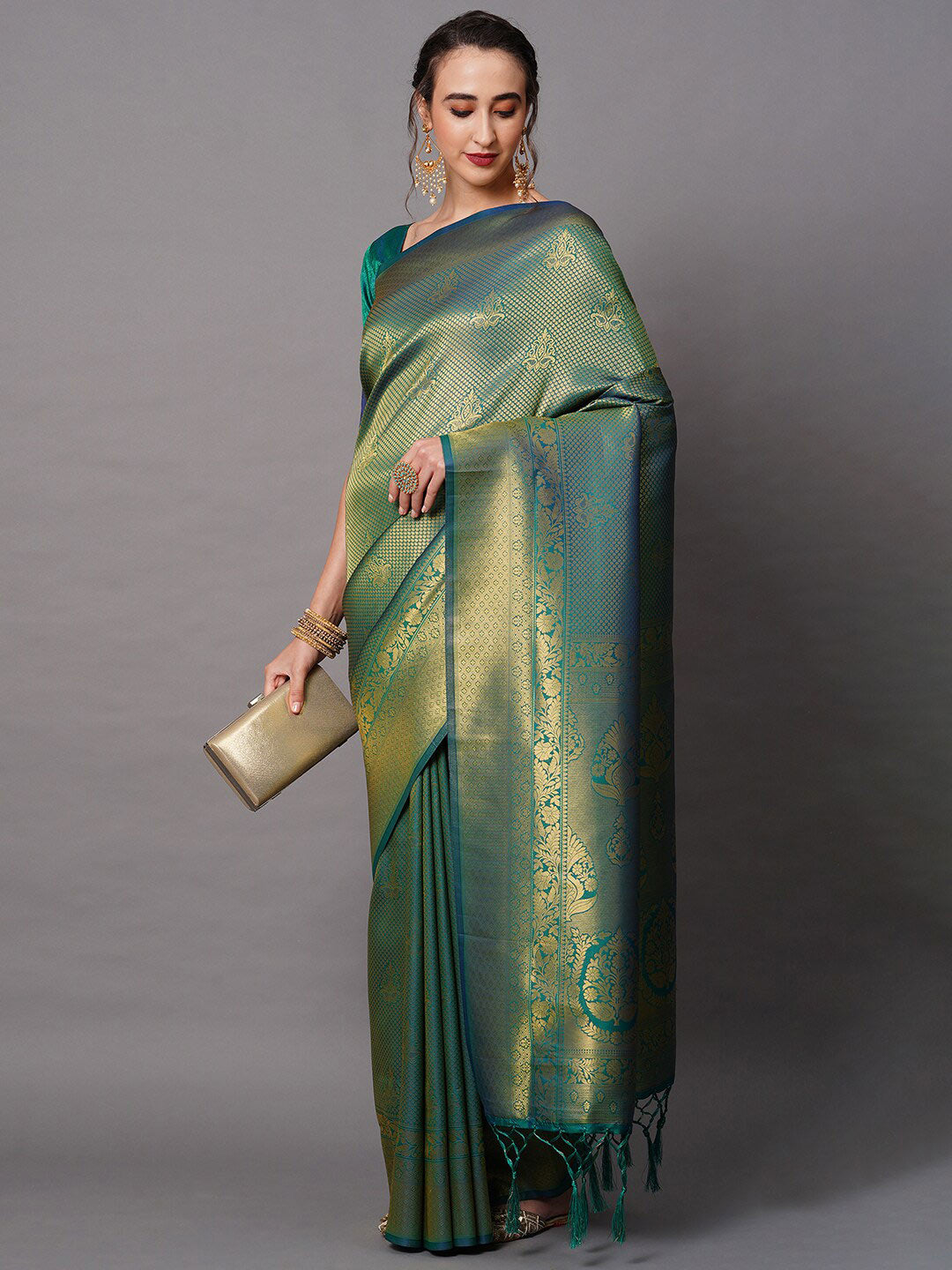 Mitera Teal & Gold-Toned Woven Design Zari Silk Blend Banarasi Saree | Swadesiicart