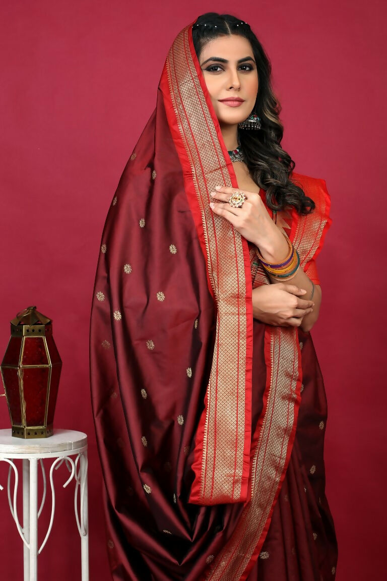 Jyoti Fashion Women's Maroon Paithani Silk Zari Woven Saree with Blouse | Swadesiicart