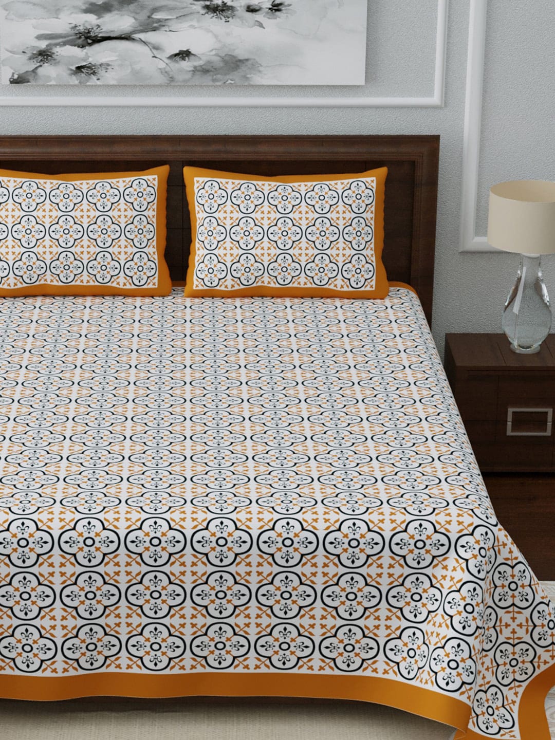 LIVING ROOTS White & Blue Ethnic Motifs Jaipuri 210 TC Cotton Double King Bedsheets With 2 Pillow Covers - Swadesiicart