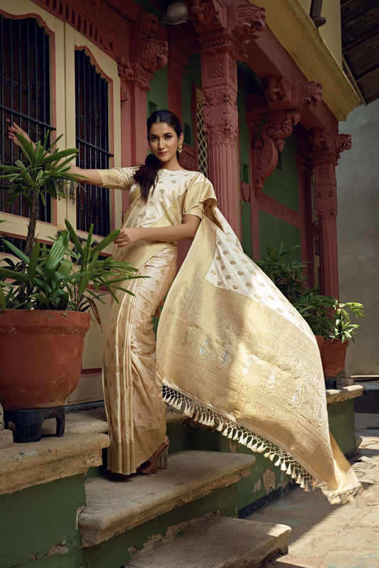 Vardha Ivory White Golden Zari Banarasi Satin Silk Saree | Swadesiicart