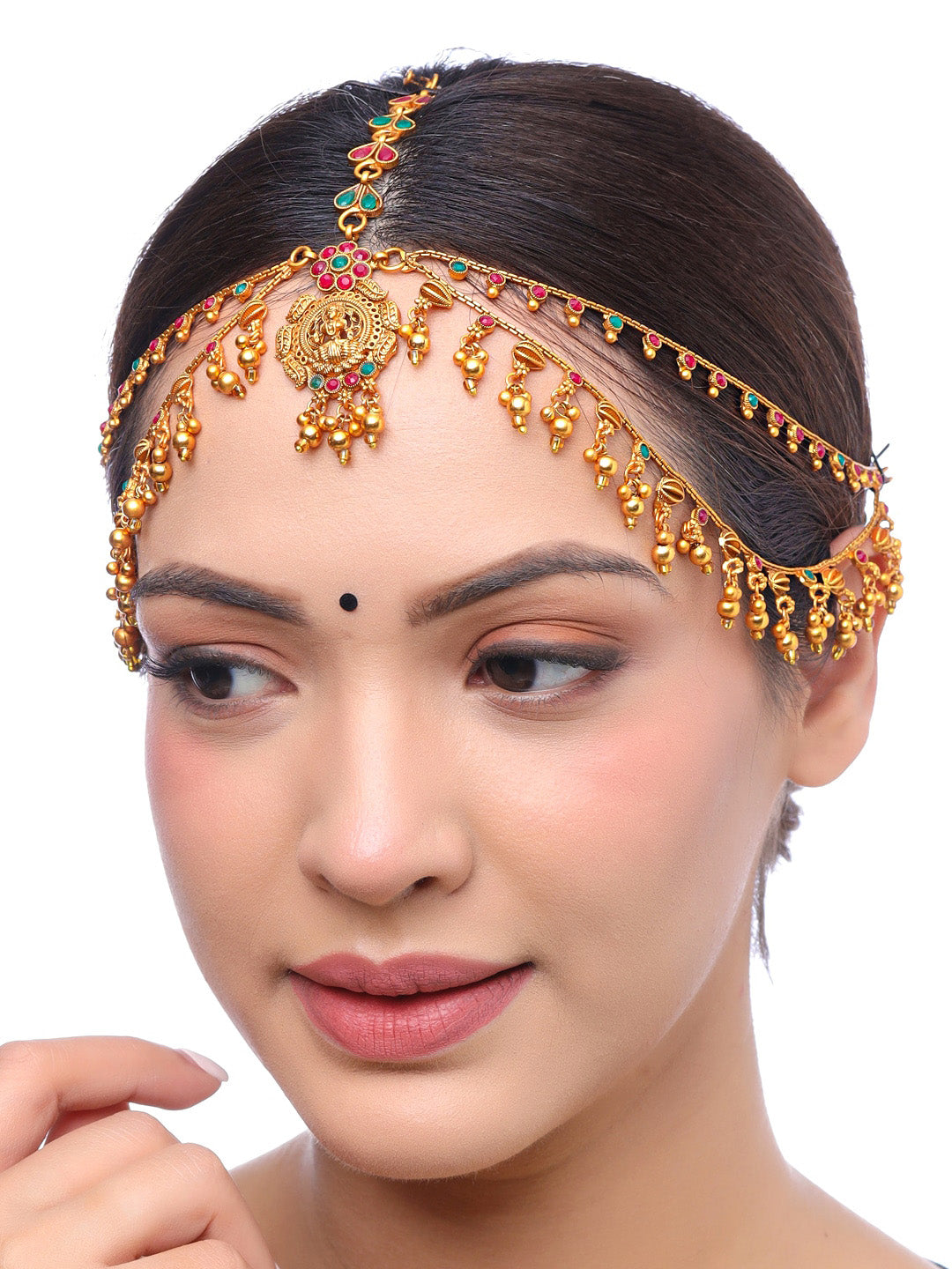 Yellow Chimes Gold-Polished Pink & Green Stone Studded Ghungroo Beaded Mathapatti | Swadesiicart