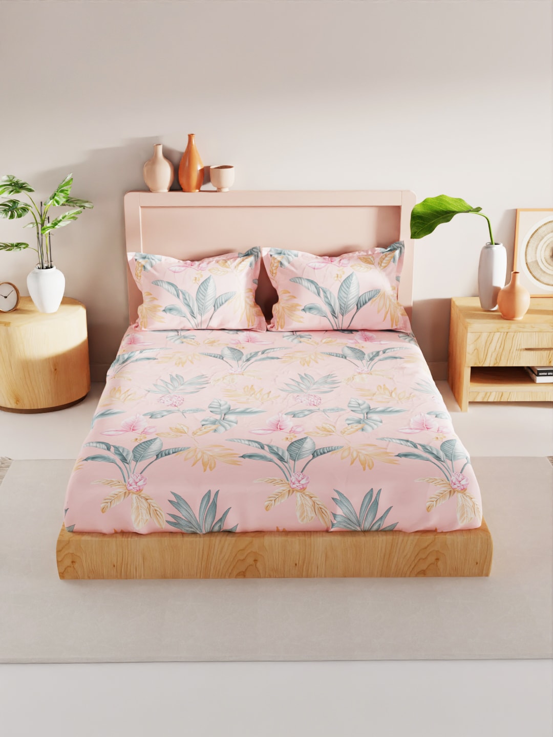 BIANCA Coral & Orange Floral 186 TC King Bedsheet with 2 Pillow Covers - Swadesiicart
