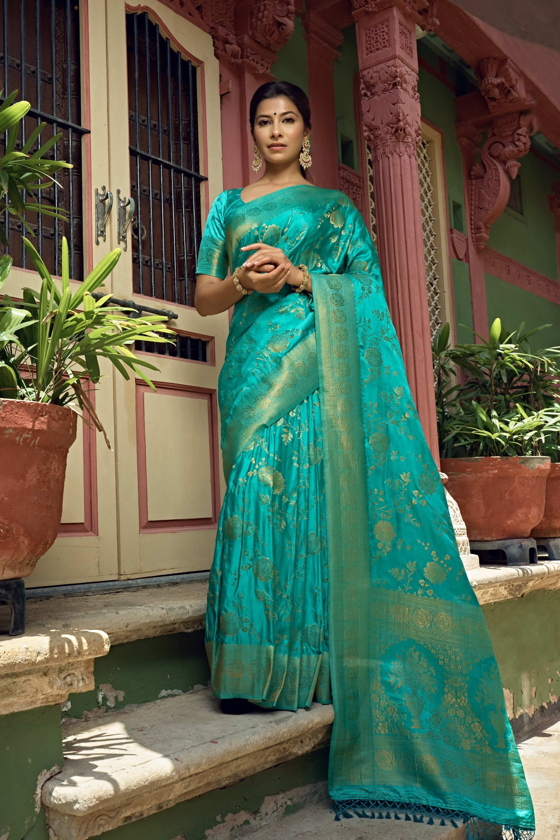 Vardha Turquoise Blue Golden Zari Banarasi Satin Silk Saree | Swadesiicart