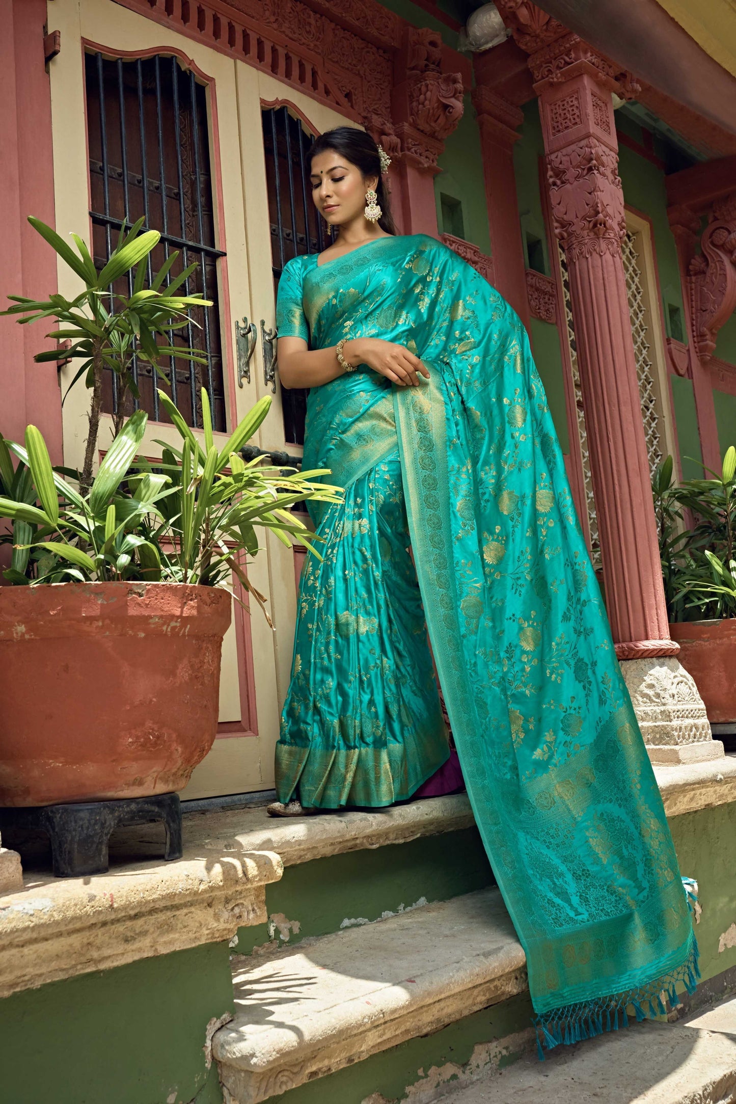 Vardha Turquoise Blue Golden Zari Banarasi Satin Silk Saree | Swadesiicart