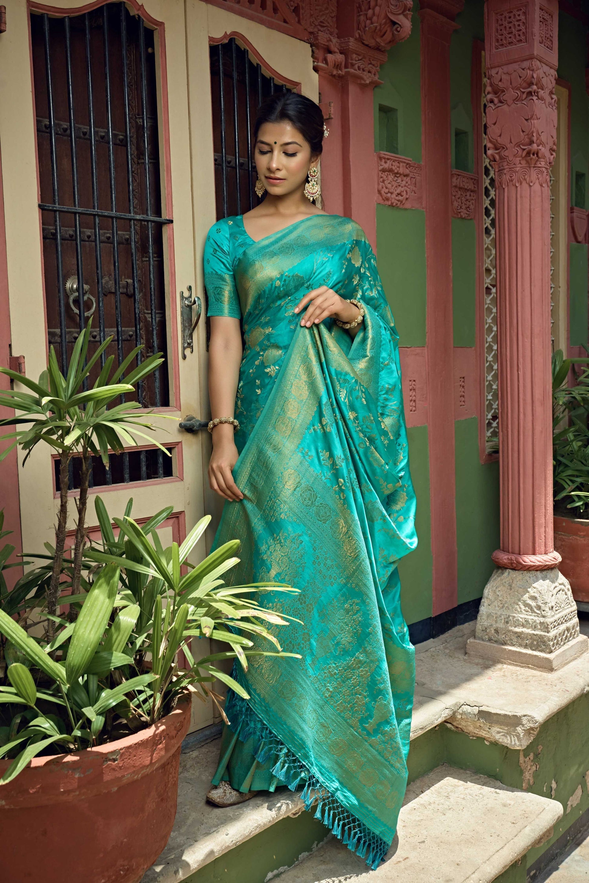 Vardha Turquoise Blue Golden Zari Banarasi Satin Silk Saree | Swadesiicart