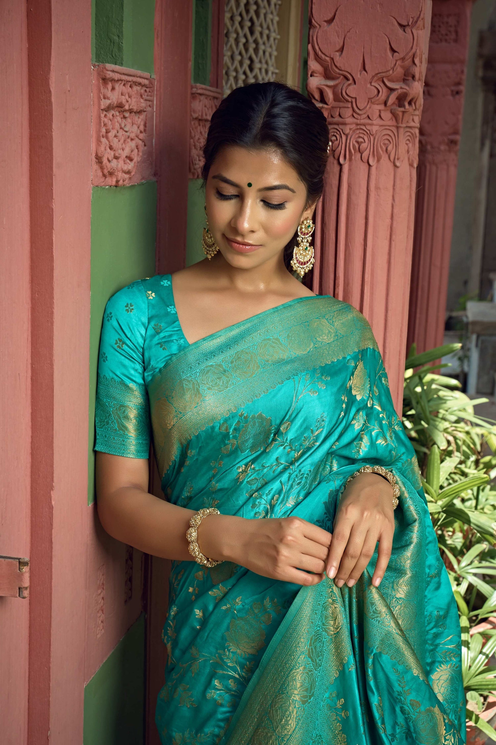 Vardha Turquoise Blue Golden Zari Banarasi Satin Silk Saree | Swadesiicart