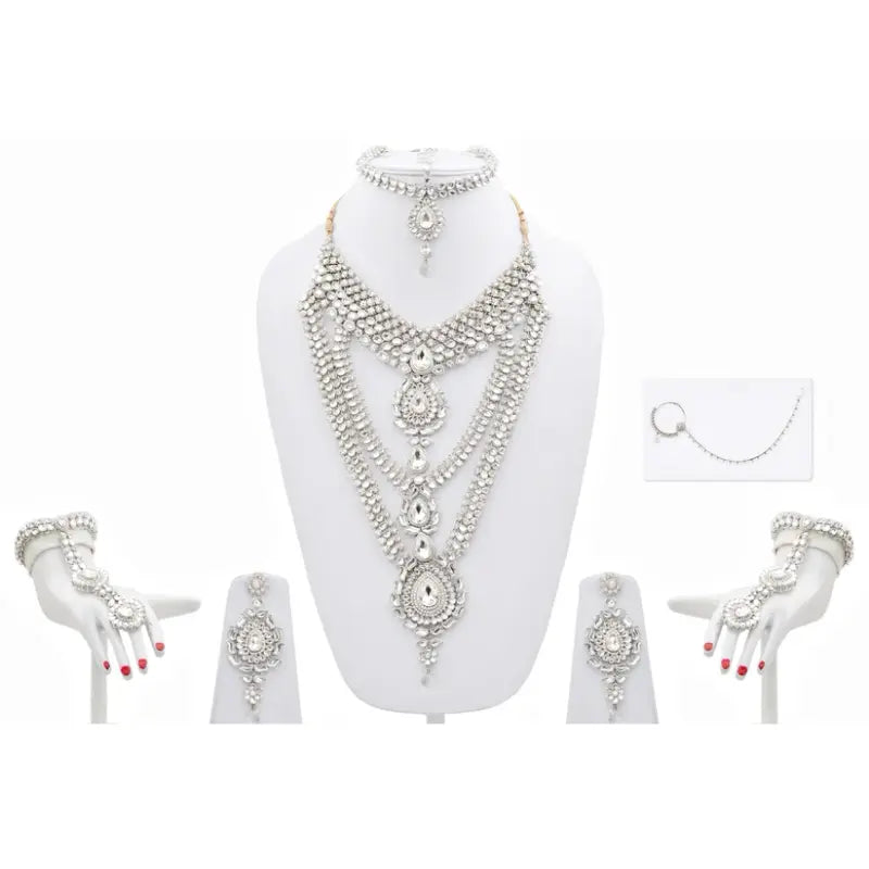 Tehzeeb Creations Platinum Plated Silver Polish Dulhan Bridal Jewelry Set 8 Pcs - Swadesiicart