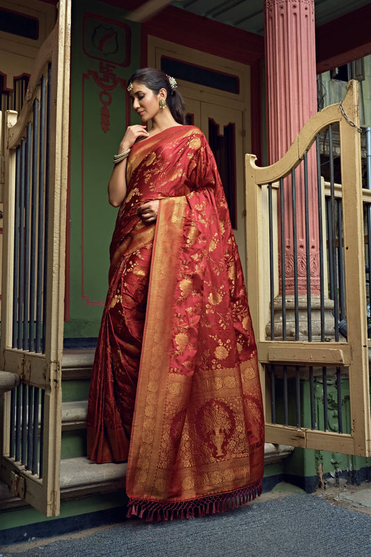 Vardha Ruby Red Golden Zari Banarasi Satin Silk Saree | Swadesiicart
