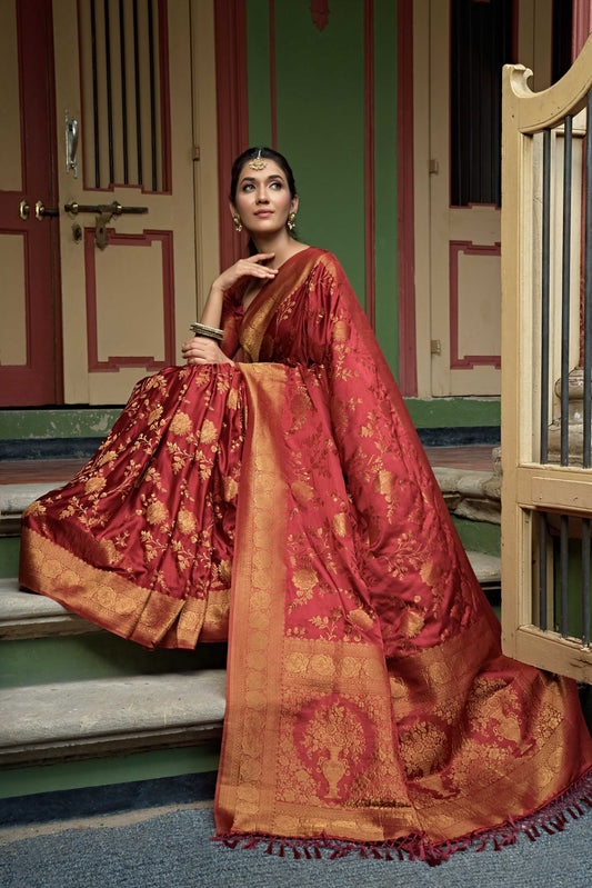 Vardha Ruby Red Golden Zari Banarasi Satin Silk Saree | Swadesiicart