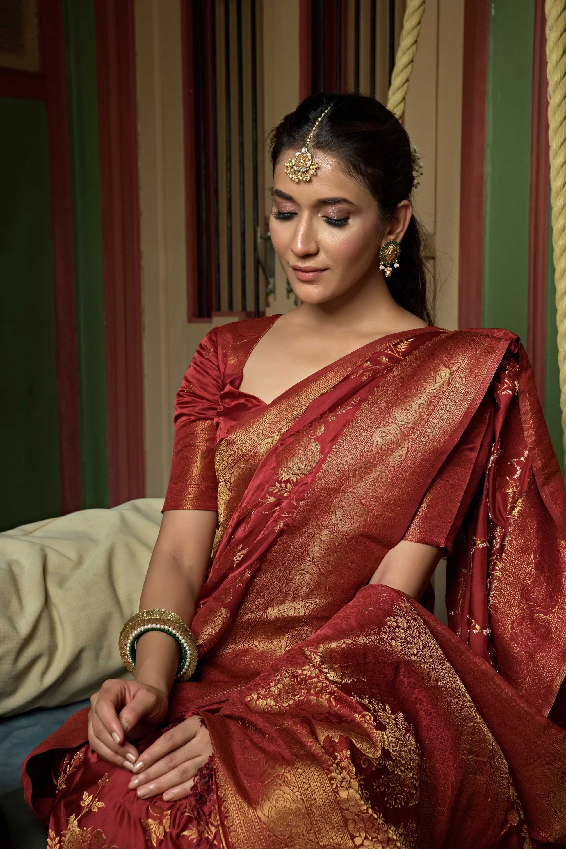 Vardha Ruby Red Golden Zari Banarasi Satin Silk Saree | Swadesiicart