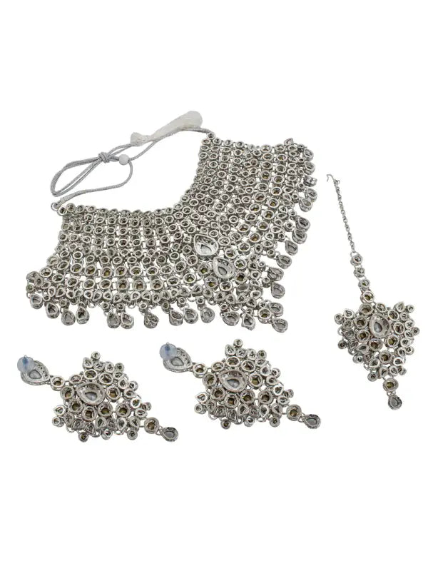 Tehzeeb Creations Platinum Plated Silver Polish Stone Mini Bridal Choker Set for Women & Girls | Swadesiicart