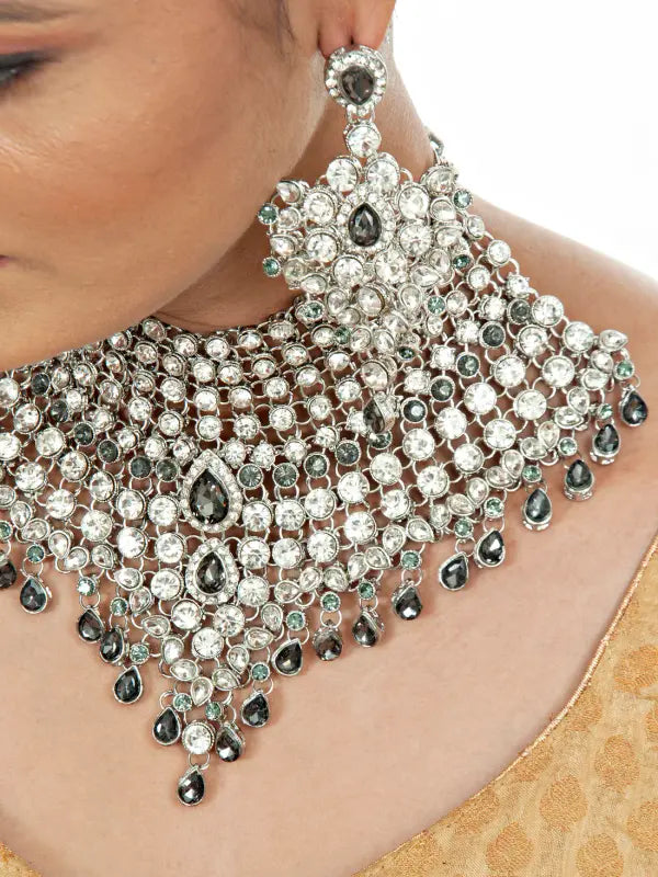 Tehzeeb Creations Platinum Plated Silver Polish Stone Mini Bridal Choker Set for Women & Girls | Swadesiicart