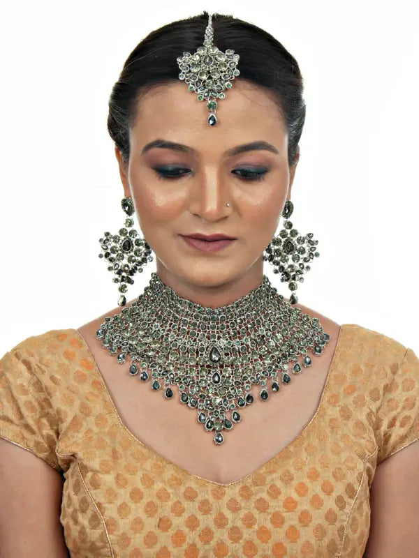 Tehzeeb Creations Platinum Plated Silver Polish Stone Mini Bridal Choker Set for Women & Girls | Swadesiicart