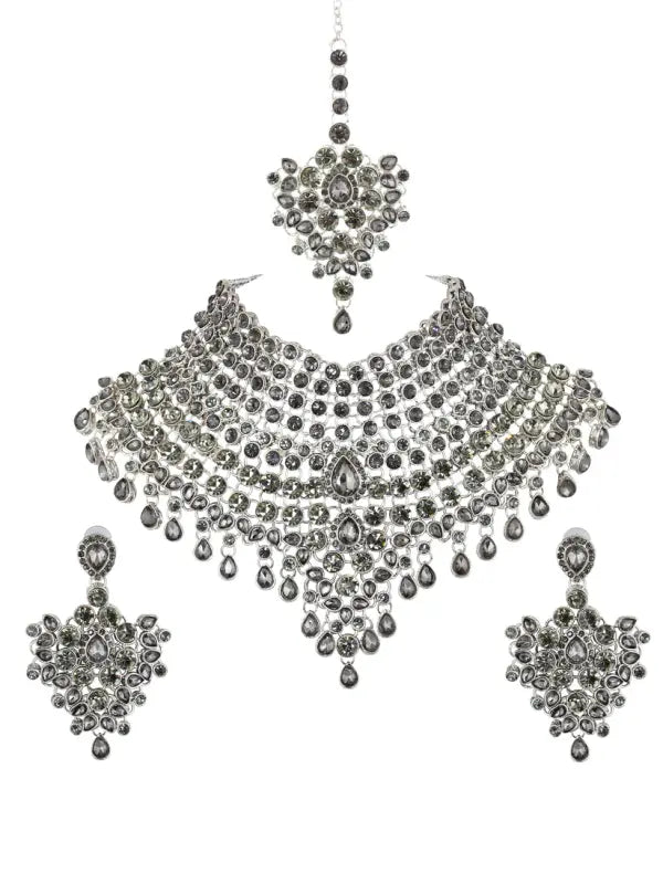 Tehzeeb Creations Platinum Plated Silver Polish Stone Mini Bridal Choker Set for Women & Girls | Swadesiicart