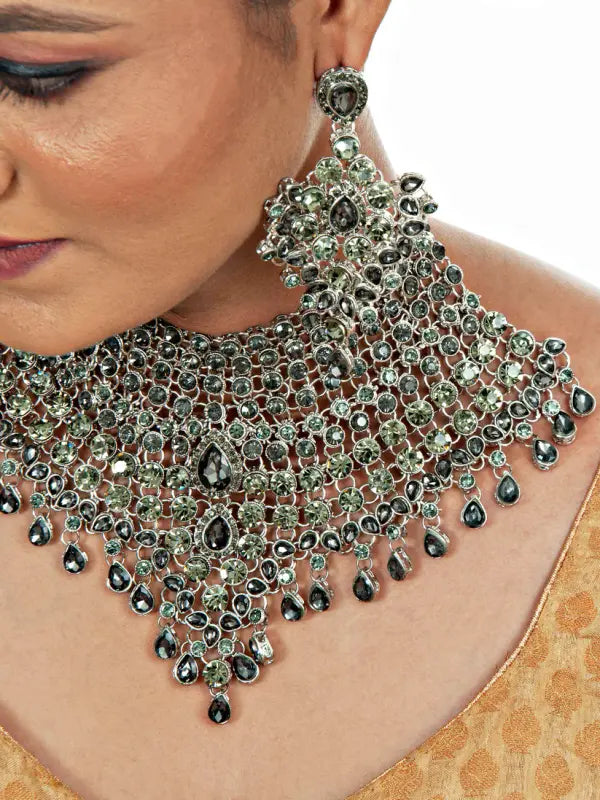 Tehzeeb Creations Platinum Plated Silver Polish Stone Mini Bridal Choker Set for Women & Girls | Swadesiicart