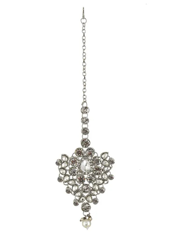 Tehzeeb Creations Platinum Plated Silver Polish Stone Mini Bridal Choker Set for Women & Girls | Swadesiicart