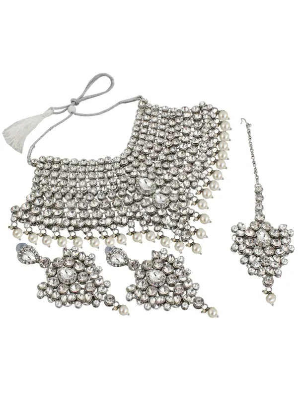 Tehzeeb Creations Platinum Plated Silver Polish Stone Mini Bridal Choker Set for Women & Girls | Swadesiicart