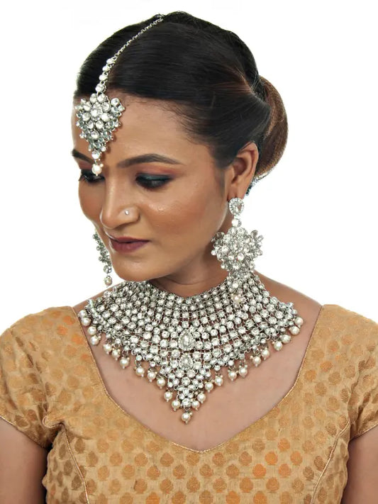 Tehzeeb Creations Platinum Plated Silver Polish Stone Mini Bridal Choker Set for Women & Girls | Swadesiicart