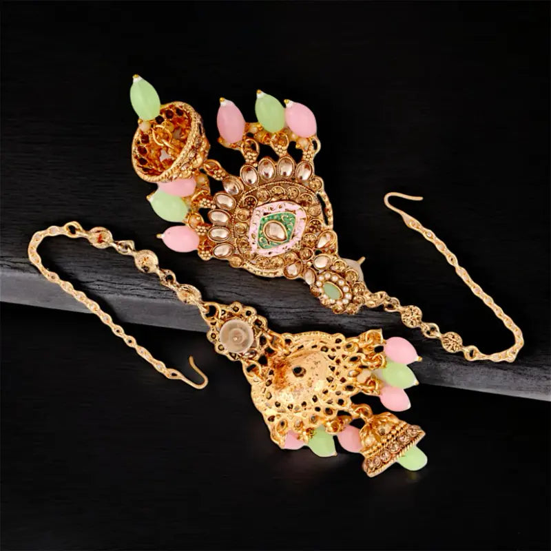 Tehzeeb Creations Traditional Designer Kundan Stone Pink and Mint Meenakari Choker Bridal Set | Swadesiicart