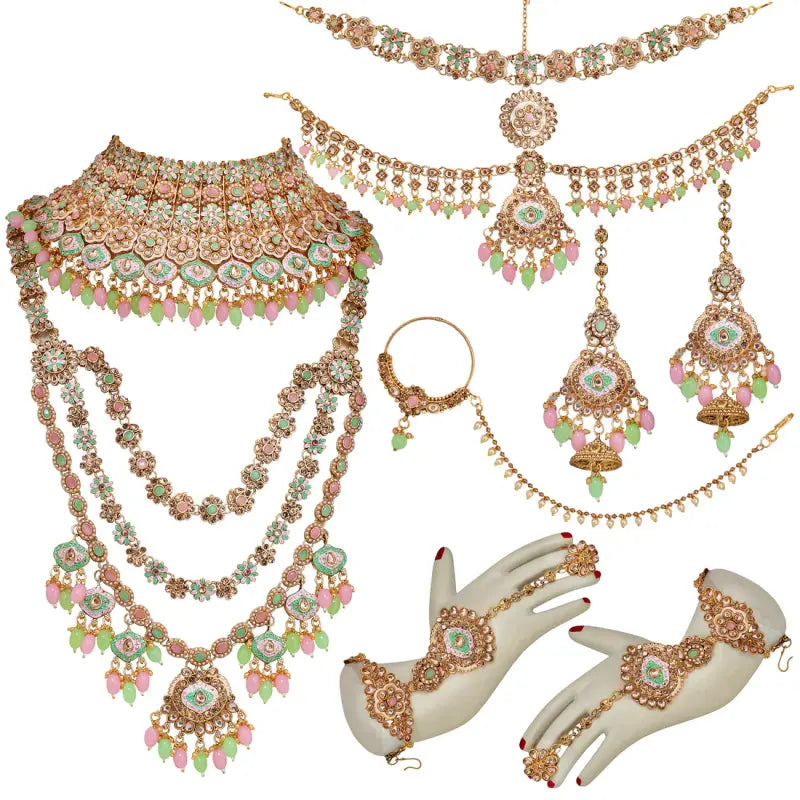 Tehzeeb Creations Traditional Designer Kundan Stone Pink and Mint Meenakari Choker Bridal Set | Swadesiicart