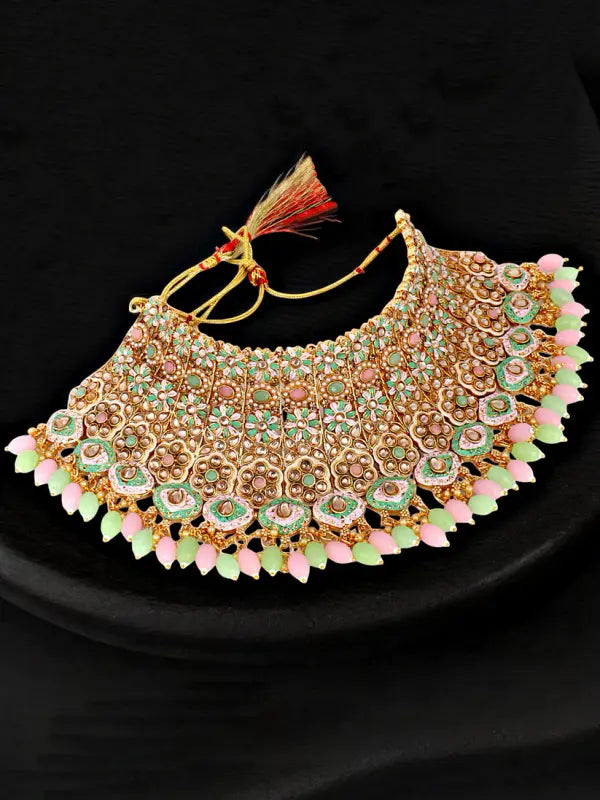 Tehzeeb Creations Traditional Designer Kundan Stone Pink and Mint Meenakari Choker Bridal Set | Swadesiicart