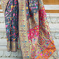 Mitera Grey & Pink Floral Silk Blend Banarasi Saree | Swadesiicart
