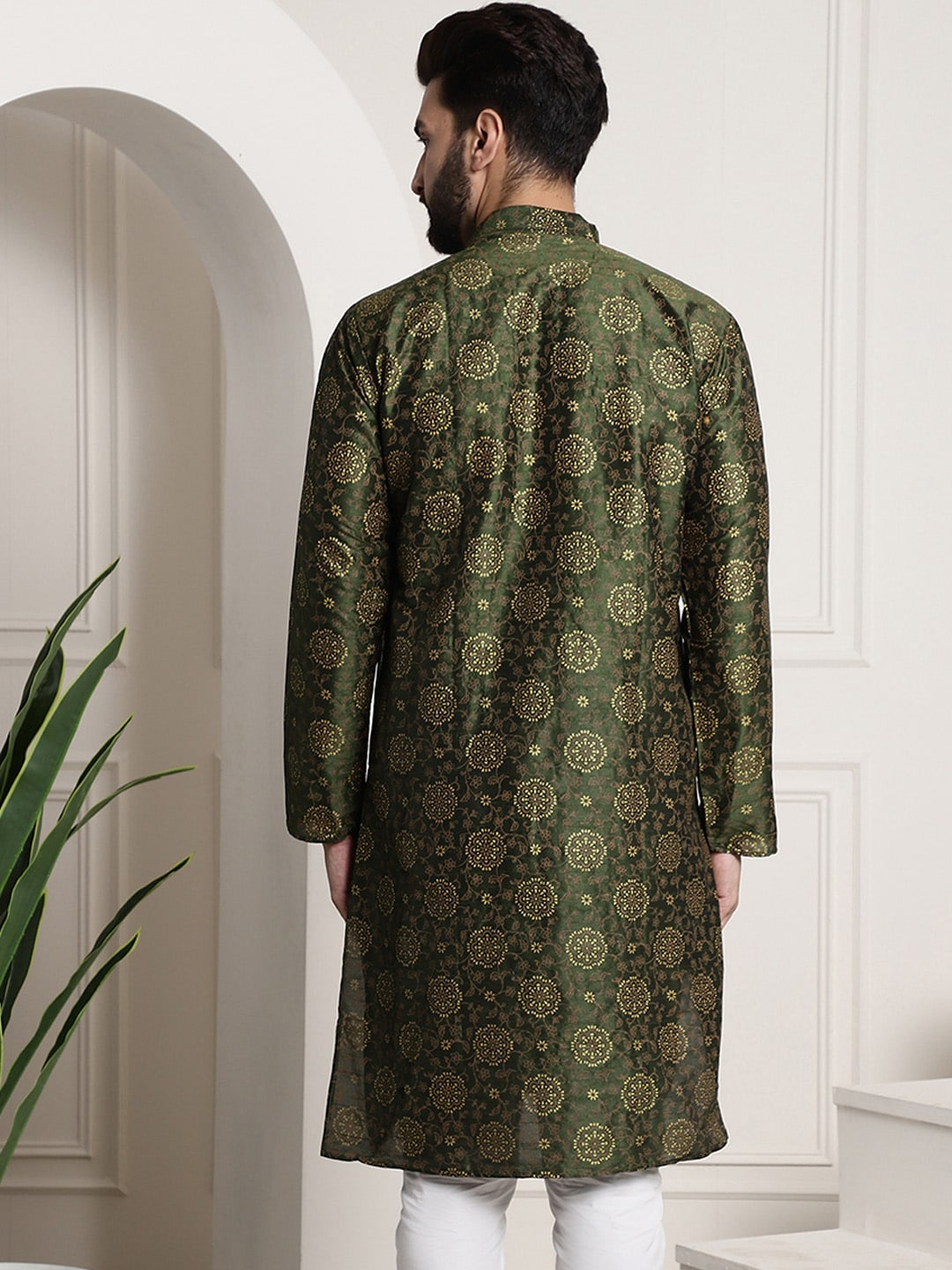 Sojanya Men Green & Brown Ethnic Motifs Printed Kurta | Swadesiicart